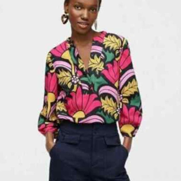 J. Crew Tops - J CREW Ratti Floral Top Grandi Fiori Colorful Split Neck Blouse Cotton Poplin S